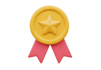 Illustration of yellow award medal with a star and pink ribbons, isolated on transparent background on transparent background