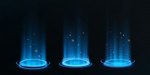 Glowing blue teleportation portals with vertical beams of light and sparkling particles on a dark background. A sci-fi effect for games, magic spells, teleportation effects, and overlays.