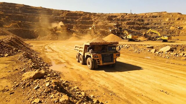 Cinematic dolly shot of dump truck moving in golden dusty mine
