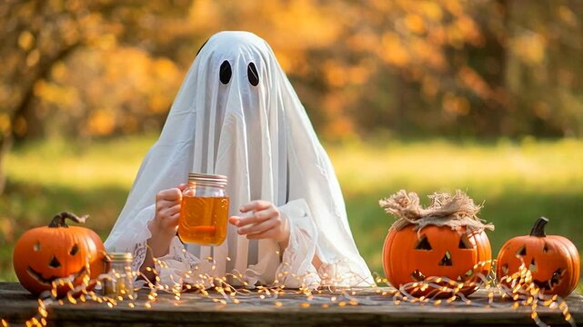 Child in ghost costume enjoying halloween drink outdoors with pumpkins