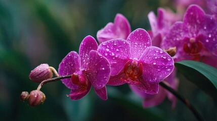 Vibrant Pink Orchid Flowers with Raindrops on Their Petals