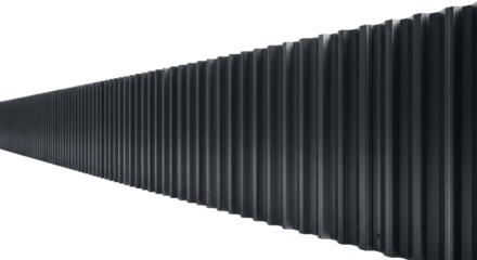 Dark charcoal grey corrugated steel panels with wave-like undulations and metallic highlights against a transparent studio background, embodying immense strength. Concept of imposing industrial