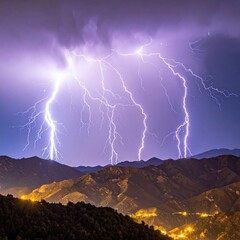 Dramatic landscape view of lightning bolts striking mountainous terrain under stormy purple clouds, illuminating a cityscape in the valley below