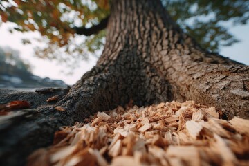 Obraz premium Looking up at a tree trunk surrounded by wood chips.