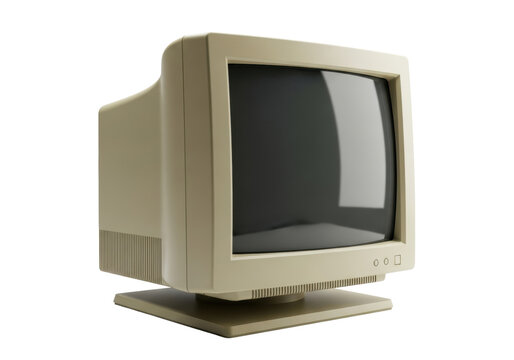 A vintage, bulky CRT monitor with a pale beige plastic casing and unlit curved screen, isolated against a transparent background with soft studio lighting, concept of technological nostalgia and