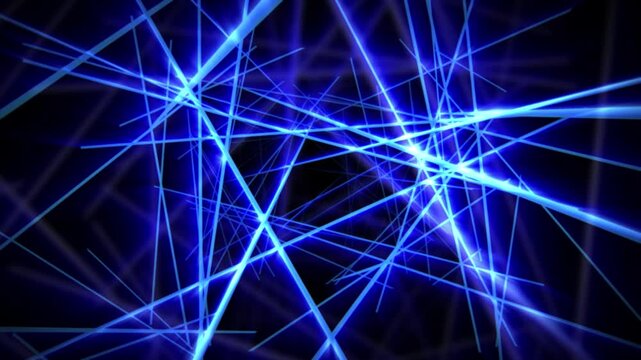 Seamless loop background with intersecting neon blue light streaks forming geometric web of lines. Creative motion graphics for science fiction art, modern technology and music visualization, 4K 60fps
