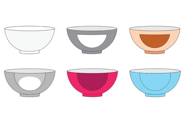 Illustration of a set of bowls in various designs and colors, showcasing different styles and shapes, suitable for culinary, kitchenware, and design projects