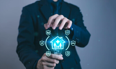 Insurance concept. Businessman using laptop with digital icons representing different types of insurance such as health, home, car, travel, comprehensive coverage and policy management.