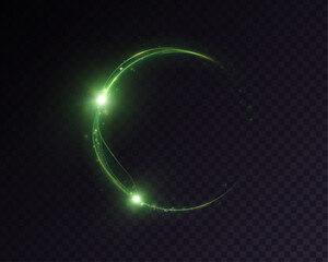 A glowing green trail forms a circular spiral with two bright flashes on a transparent background. An abstract, glowing vortex for modern design accents.