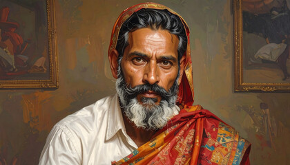 Obraz premium A captivating and detailed painting capturing the essence of a wise, bearded man in traditional attire, reflecting cultural depth and a powerful gaze, rendered with expressive brushstrokes