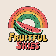 Retro styled illustration of a watermelon slice beneath a vibrant rainbow, showcasing a cheerful and summery mood, perfect for branding, social media, or print designs emphasizing fruity themes