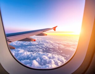 Obraz premium Airplane wing through a window, view of clouds and bright sky, sunlight through atmosphere