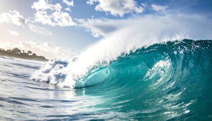 A curling ocean wave crests, showing turquoise water and white foam, lit by the sun. A tree-lined coast is in the distance