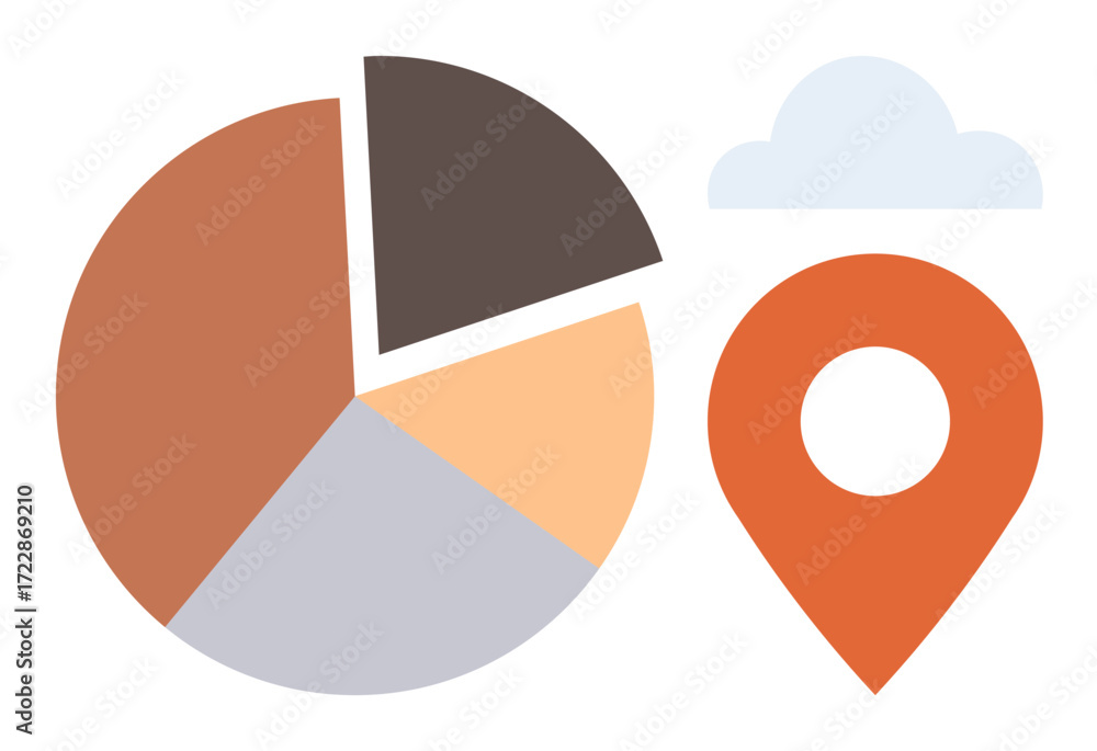 Poster pie chart, map pin, and cloud representing data distribution, geographic analysis, cloud storage, an