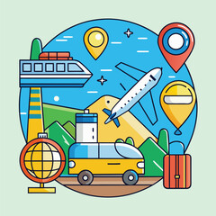 Airplane car ferry globe and suitcase travel icons in circle vacation transportation
