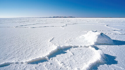 Obraz premium Vast salt flat landscape with clear blue sky, showcasing unique salt formations and textures. scene evokes sense of tranquility and isolation