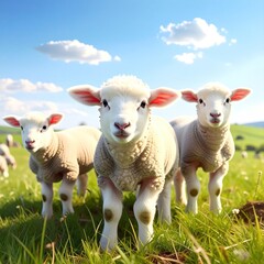 Fototapeta premium Three fluffy, white lambs stand in a sunny green field under a bright blue sky with scattered clouds. Soft, pastoral, and charming