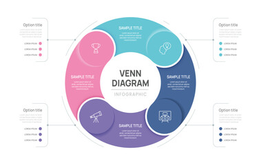 Fototapeta na wymiar Venn diagram business infographic circle chart template 4 options, presentation with venn diagram elements vector illustration.