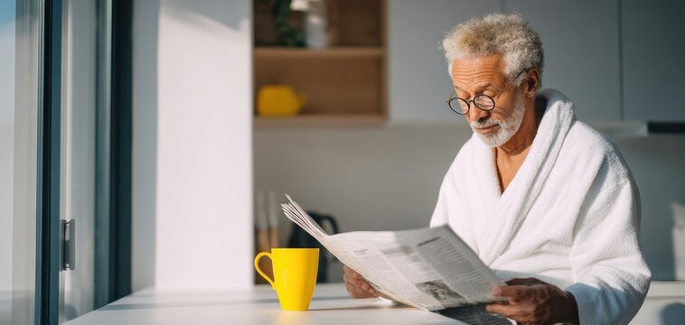 The elderly man reading a newspaper while enjoying his morning coffee. - Powered by Adobe