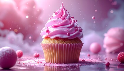 A delicious cupcake with pink frosting swirls sits center stage in a romantic, fluffy, pastel-colored environment