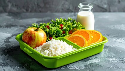 Balanced meal of rice, fruit, salad, and milk in a divided green tray, presented against a mottled gray background
