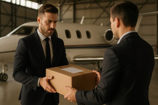 Two businessmen handling a parcel for urgent delivery inside an aircraft hangar, symbolizing express shipping and logistics