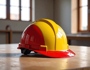 Red and Yellow Hard Hat on Wooden Table