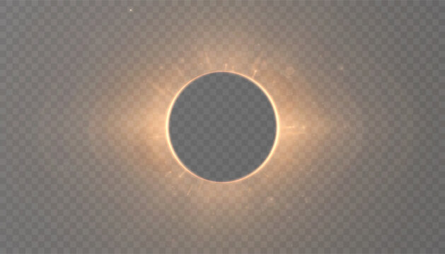 A glowing solar eclipse circle with a golden corona of light on a transparent background. An abstract glowing ring for sci-fi themes, space images, and logos.