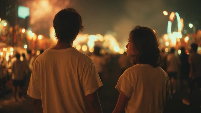Two people walk hand in hand through a crowded, glowing street festival at night.