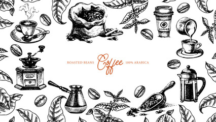 Hand drawn coffee shop frame. Cafe menu, bakery branding, packaging design. Vintage sketch vector background
