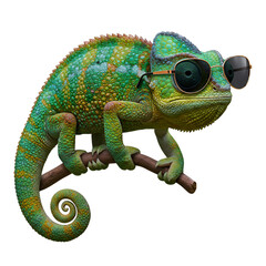 Obraz premium Cool chameleon with sunglasses perched on branch brings a vibrant, tropical vibe