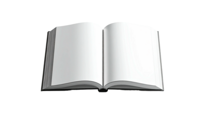 Open blank book, lying flat, showing off crisp white pages and a dark spine