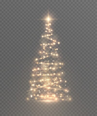 A glowing Christmas tree made of golden lights on a transparent background. Vector holiday illustration for New Year's design and winter decorations.