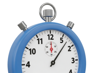 Illustration of closeup of a blue stopwatch with a white face and black numbers, isolated on transparent background on transparent background