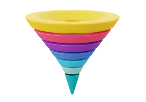 Illustration of colorful 3d rendering of a funnel made of stacked rings in various bright colors, isolated on transparent background on transparent background