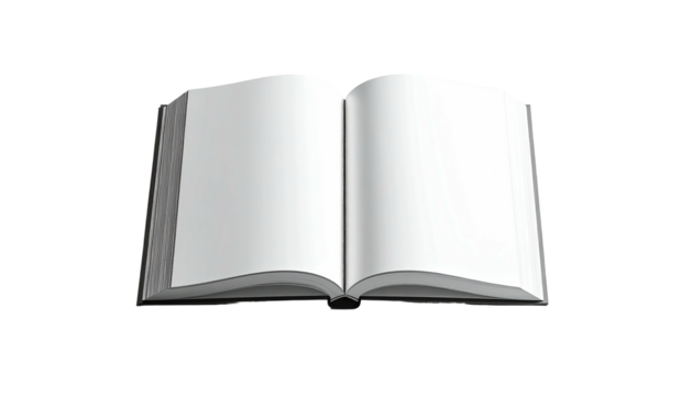 Open blank book, lying flat, showing off crisp white pages and a dark spine