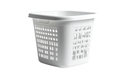 Square white plastic laundry basket with perforated sides and a small lip around the top