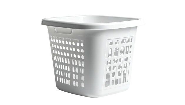 Square white plastic laundry basket with perforated sides and a small lip around the top