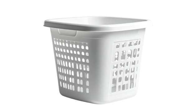 Square white plastic laundry basket with perforated sides and a small lip around the top