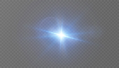 A shining blue star with rays of light on a transparent background. Vector light effect for Christmas and New Year designs.