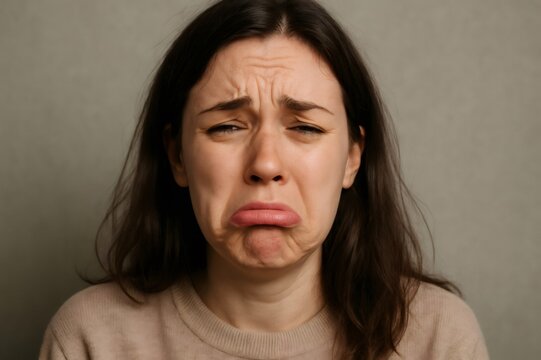 Brunette woman grimacing and pretending to cry, showcasing a playful mix of drama and humor against a simple neutral background