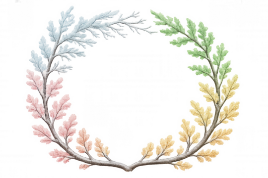 Wreath of four seasons representing nature's cycle, changing leaves from spring green to winter blue, transparent background