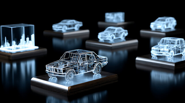 Holographic wireframe models of cars displayed on reflective platforms in a dark environment