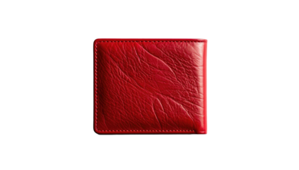 A rich red leather wallet, subtly textured, with stitched edges, photographed against a stark black background