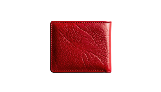A rich red leather wallet, subtly textured, with stitched edges, photographed against a stark black background