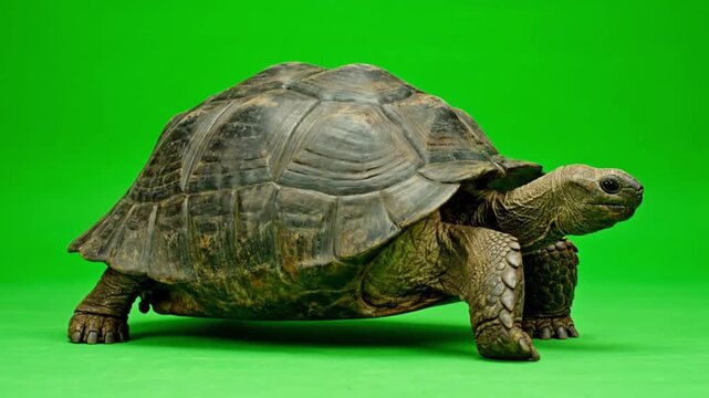 Full-body shot of a giant tortoise walking on a green screen. The ancient, slow-moving reptile paces steadily with a weathered shell and a wise, calm expression. Perfect for keying.

