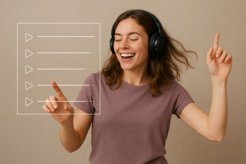 Happy young woman wearing headphones selecting song from a futuristic invisible digital playlist and dancing