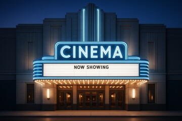 Retro cinema building facade with glowing neon lights and marquee sign that reads "Now Showing" at night, evoking nostalgic movie culture. Ai generative