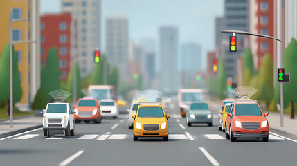 Autonomous vehicles navigating a city street with traffic lights and connected car technology