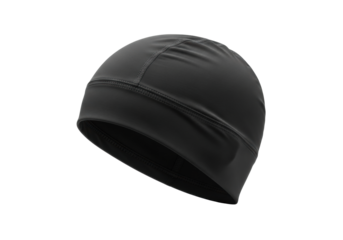 Dark charcoal grey skullcap crafted from sleek, water-resistant technical fabric with flat-stitched seams, on transparent studio background with copy space, soft lighting. Concept of